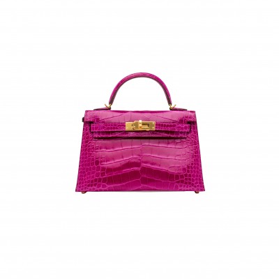 HERMÈS MASTER MINI KELLY II GLOSSY ALLIGATOR ROSE (19*12*5.5cm) 